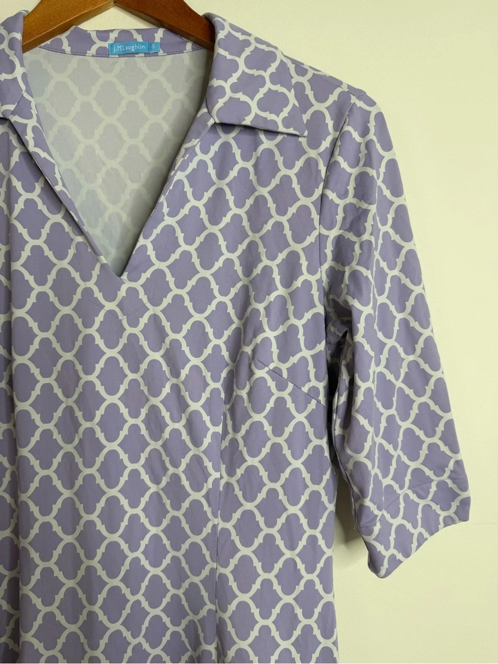 J McLaughlin Sz S Catalina Cloth Dress 3/4 Sleeve Purple White V Neck Stretch